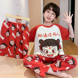 Miiow | Pure Cotton Summer Pajamas Short Sleeve Childrens Sleepwear Thin Home Clothes Set For Boys And Girls Cartoon Cute Style
