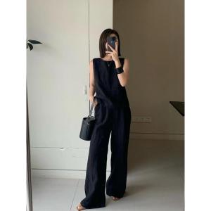 LIANGYILAILIN | Black Sleeveless Vest and Wide-leg Pants Two Piece Set