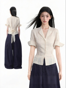 BAIDAIFEI | Yellow Striped Cuban Collar Fitted Short Sleeve Shirt