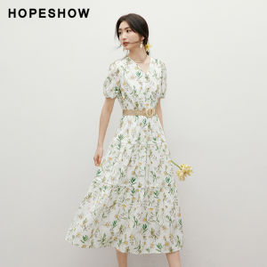 HOPESHOW | Puff Sleeve Waist Accentuating 100%Cotton Floral Dress