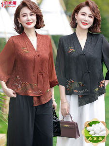 New Chinese Style Mothers Summer Silk Suit Middle-Aged and Elderly Women plus Size Mulberry Silk Tops Two-piece Set