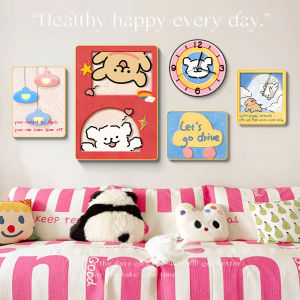 Dopamine Style Living Room Clock Decorative Painting Line Dog Sofa Background Wall Art Cartoon Creative Combination Hanging Picture