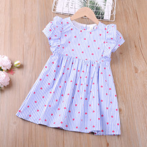 Humor Bear Girls Ruffle Dress Summer New Short Sleeve Heart Printed Striped Cute Princess Dress Toddler Kids Clothes