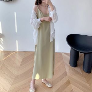 Summer New Womens Long Sleeveless Vest Dress Loose Fitting Slimming Outerwear Base Layer Inner Match Chiffon Dress Spring Autumn