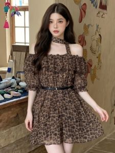 GUZILIAN | Off-Shoulder Leopard Seductive Chiffon Dress Waist-Cinched