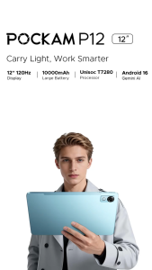 POCKAM P12 WiFi Version 12" | 2.4K Display 120 Hz | 48GB RAM (8GB+ 40GB Extended ) + 128GB ROM | 10000mAh Mega Battery | Free Gift With Keyboard + Mouse + Pen + Case + 3.5mm Earphone | Sulit for Students Work Gaming Android 16 With Gemini AI UNISOC T7280