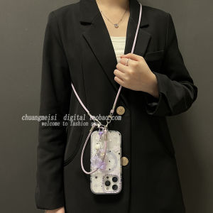Attracting Magnetic Purple Star Heart Charm Phone Case for Apple 16Promax Iphone 15Promax with Lanyard Cute Crossbody Cover