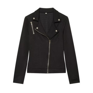 Women Black Textured Biker Jacket Asymmetric Zip Lapel Rivet Slim Long Sleeve Motorcycle Coat Streetwear Casual Outerwear