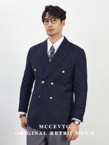 Classic Italian Style Mens Wool Blazer Jacket Navy Blue Double Breasted Suit Coat Business Formal Fashion Urban Youth