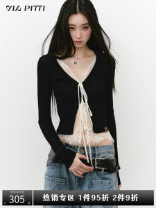 ViaPitti Summer Lightweight Breathable Knitted Lace Splicing Open Cardigan Short Womens Versatile Top Glue Fiber Polyester