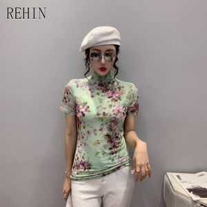 REHIN ผู้หญิงฤดูใบไม้ร่วงใหม่แฟชั่นตาข่าย Slim คอสูงดอกไม้แขนสั้นเสื้อยืด S-3XL Bottoming เสื้อ