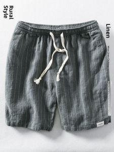 Mens Casual Cotton Linen Shorts Thin Classic Vertical Stripes Loose Retro Cotton Linen Five-Point Summer Leisure Pants