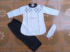 stelan Hitam putih Koko Pakistan seragam sekolah anak laki-laki bahan katun adem