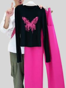 Áo Thun Dài Tay Màu Đen in Hình Bướm Cao Cấp Dành Cho Nữ Mùa Xuân Thu Mỏng Thiết Kế Cổ Tròn Cotton 100% Thời Trang Thường Ngày