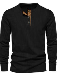 Youth Corduroy Solid Color Long Sleeve Henry Collar Slim Fit T-Shirt Polyester Fiber Pure Color Versatile Casual Top