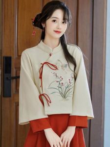 Revised Cheongsam Tea Ceremony Master Top Small Size Autumn Winter New Chinese Style National Wind Suede Embroidery Set