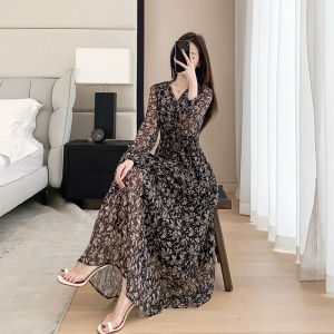 Spring 2026 Floral Print Chiffon Long Sleeve V-Neck Slimming A-Line Dress Mid-Length Commute Style Korean Fashion Womens Dress