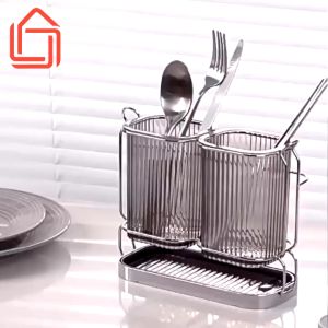 Khay 2 ngăn nhựa trong khung inox đựng đũa thìa nhà bếp 2 ngăn nhựa trong suốt khung kim loại có khay hứng nước