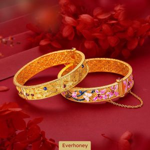 Palace Enamel Craft Flower 24k Gold Bangle Buckle Open Cuff  Adjustable Bangle Bracelets for Women Girls