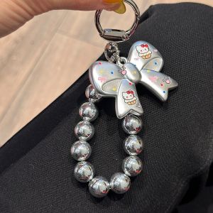 Sanrio | INS Y2K Sanrio Hello Kitty Plating Silver Bow Beaded Phone Wrist Strap Keychain Retro Metallic Bead Anti-lost Bag Charm Pendant