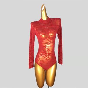 Gold Morning Ancient Style Jazz Performance Suit Latin Dance Mesh Velvet Print Long Sleeve Onesie Womens Breathable Polyester