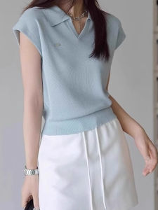 chaqi | Blue Ice Silk Polo Shirt Short Sleeve Women Summer Thin Small Shoulder V Neck Miniature Sleeveless Top Commute Style Slim Fit