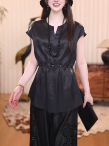 QINGNAER | Retro Slim-fit Large Size Black Beaded Tied Waist Shirt