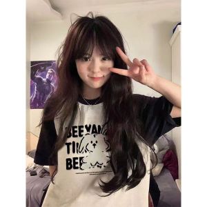 Girls Summer Cotton T-Shirt Shoulder Insert Loose Fit Short Sleeve Cartoon Print Casual Style round Neck Top for Kids Age 4-14