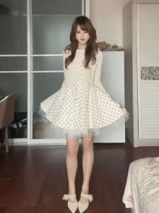 CHANGTONG | Áo Cardigan Len Phong Cách Pháp Nhẹ Nhàng & Đầm Chấm Bi