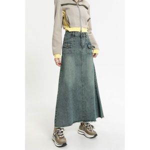 กระโปรงยีนส์ทรงเอเอวสูงทรงสลิมฟิตสำหรับผู้หญิง ฤดูใบไม้ผลิและฤดูใบไม้ร่วง กระโปรงทรงเอทรงหลวมสไตล์เกาหลี กระโปรงยาวคลุมเข่า