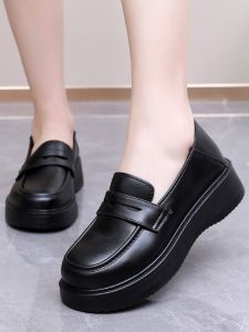 รองเท้าส้นเตี้ยแบบสวมสำหรับผู้หญิง สีดำ ทรงหัวมน ด้านหน้าเป็นยาง กันลื่น พื้นนุ่ม รองเท้าทำงานแบบสวม ส้นสูง 4 ซม. รองเท้าทำงานแบบสวมสไตล์อังกฤษ