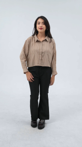 ESROCTE Vanya Top | Kemeja Katun Salur Oversize Semi Crop Lengan Panjang Wanita – S-XL