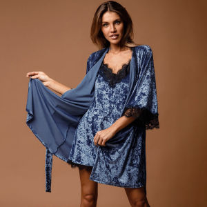 Hiloc ชุดคลุมชุดนอนกำมะหยี่2ชิ้นสำหรับผู้หญิงชุดคลุมผ้ากำมะหยี่ปะติดชุดนอนลูกไม้