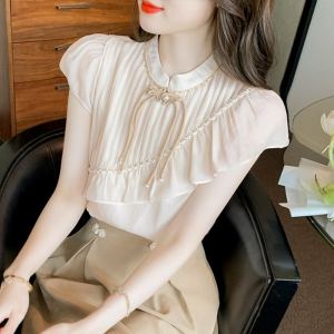 Elegant Asymmetrical Chiffon Shirt Womens Summer Fashionable Age-defying Beautiful Top Korean Style round Neck Short Sleeve