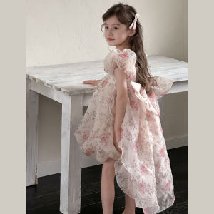 Váy Công Chúa Đuôi Dài Cho Bé Gái Mùa Hè 2025 Váy Cotton Pha Trộn Ngọt Ngào Họa Tiết Hoa Cho Trẻ Em Váy Ngắn Tay Không Tay