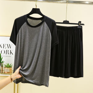 Men Modal Raglan Pajamas Pajama Pants Suit Summer plus Size Loose and Thin Casual Outerwear Homewear Two-piece Set