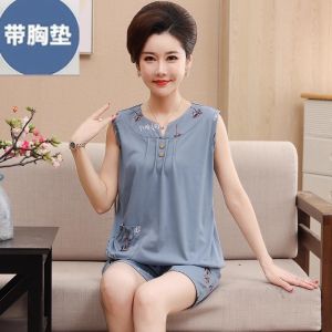Pure Cotton Summer Sleepwear Womens Sleeveless Vest Shorts Set Thin Cup Chest Pad Home Clothes Floral Print round Neck Pullover