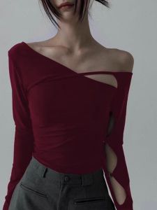 Áo Thun Nữ Tay Dài Không Đều Gợi Cảm Hở Vai Mùa Hè Cổ Đứng Ngắn Đa Năng Chất Liệu Cotton Pha Trộn Thường Ngày Thời Trang Thu Đông
