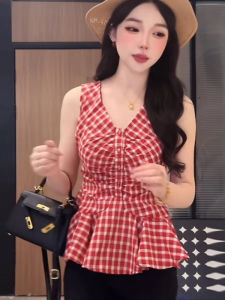 BINKAFENNY | Plus Size Womens Red Plaid V-Neck Pleated Strap Vest Slimming Sleeveless Top Summer Waist-Cinching Fashionable Commute Style