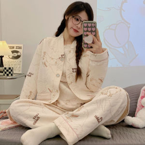 Bộ Đồ Ngủ Cotton Cho Bà Bầu Ba Mảnh Mùa Thu Đông Thoải Mái Dễ Thương Quần Dài Cạp Cao Có Thể Rút Ra Được