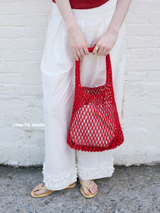 Feytiy Candy Colored Handwoven Summer Shoulder Bag Fashionable All-purpose Handheld Beach Sandbag Mesh Pocket Casual Soft Cotton Rope