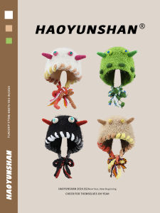 Fall and Winter Cute Little Monster Plush Bonnet Earflaps Lei Feng Hat Handmade Knitting Cartoon Big Head Circumference Woolen Cap Toque