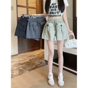 กางเกงขายาวทรงหลวมเอวยางยืดสำหรับผู้หญิง ดีไซน์กระเป๋า ดีไซน์เส้นด้าย กางเกงขายาวทรงหลวมสำหรับใส่ลำลอง