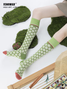 YNWX Diamond Pattern High Tube Long Socks Womens Spring Autumn Versatile Slimming Pressure College Style Cotton Blend Socks