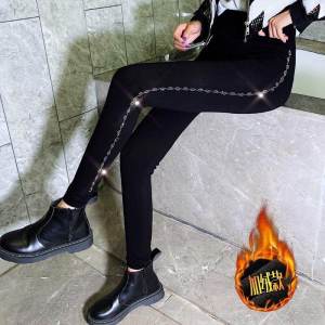 K-style Modal Spring & Fall Warm with Velvet Thick Leggings Womens Outwear Hot Drilling Elastic plus Size Chubby Girl Yoga Pants