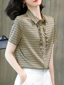 NVSHENJI | Silk Short Sleeve Shirt Womens Polo Collar Printed Top Korean Style Straight Cut Button Detail Summer New Arrival Elegant