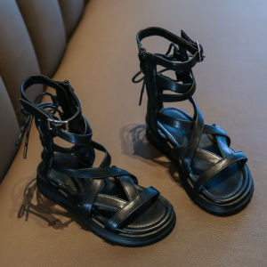 Princess Style Girls Sandals High-Tube Roman Shoes Soft Bottom Beach Sandals Fashionable Childrens Summer Footwear