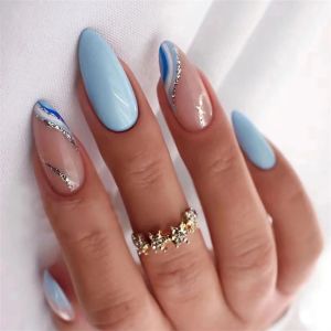 24pcs almond corrugated fake nails sea blue and white color-blocking French false nails full acrylic removable press on nail art