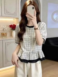 XUNYI | Áo Blouse Tay Ngắn Kiểu Hàn Quốc Caro cho Người Thon Nhỏ Mới