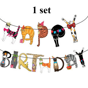 Birthday Party BannerCute Cat Decorations with Happy Birthday TextEasy Hang Banner for Girls Boys Birthday Party Decorations.